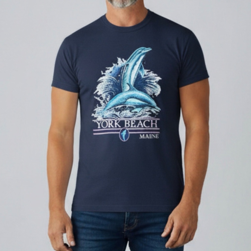 Sherry’s Best Vintage 90’s T-Shirt York Beach Maine Dolphin Navy Blue Mens Sz XL